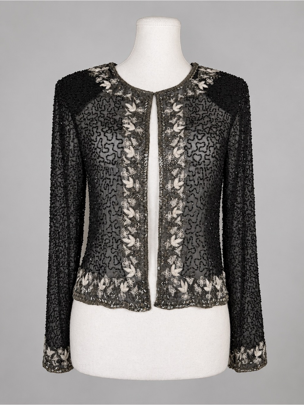 Vintage Stenay Sheer Silk Black Silver Beaded Evening Jacket 6 Embroidery Floral